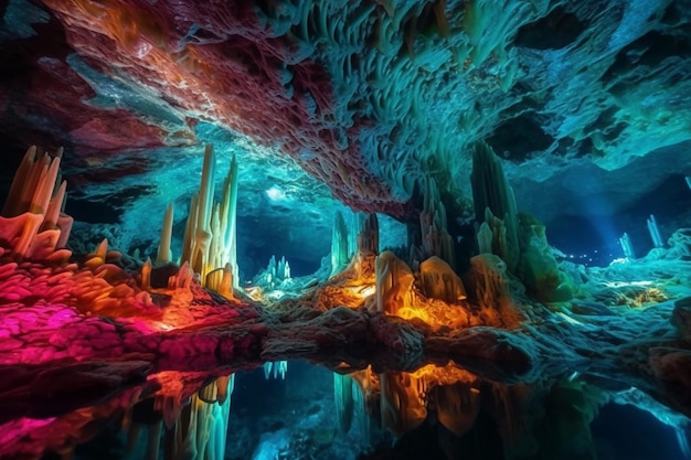 A cave with a colorful light inside