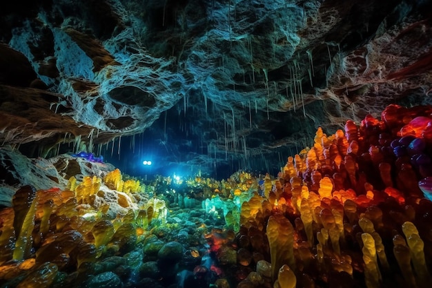 Пещера с разноцветным светом и словом «пещера» посередине.
