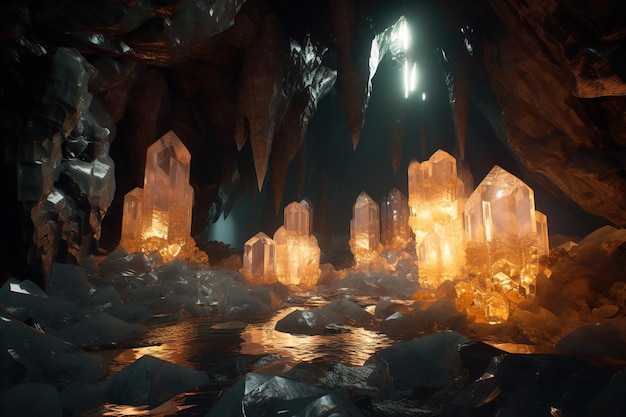 A cave with crystals in the middle and a glowing light on the left