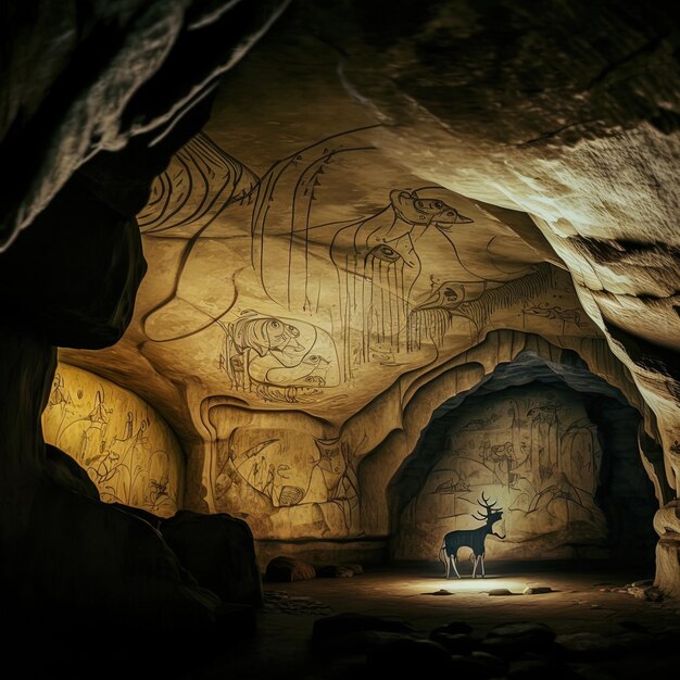 a cave with a deer in it and a deer in the background