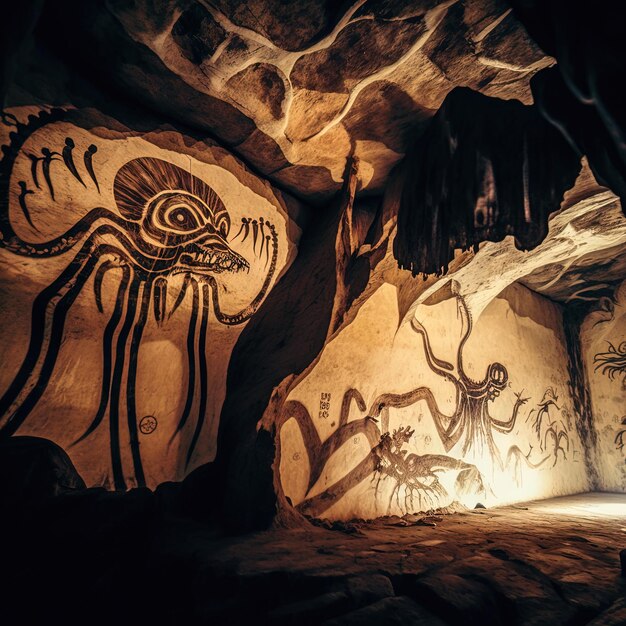 Photo a cave with a giant creature and a sign that says alien on it