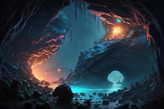 A cave with a glowing light and a blue and orange light