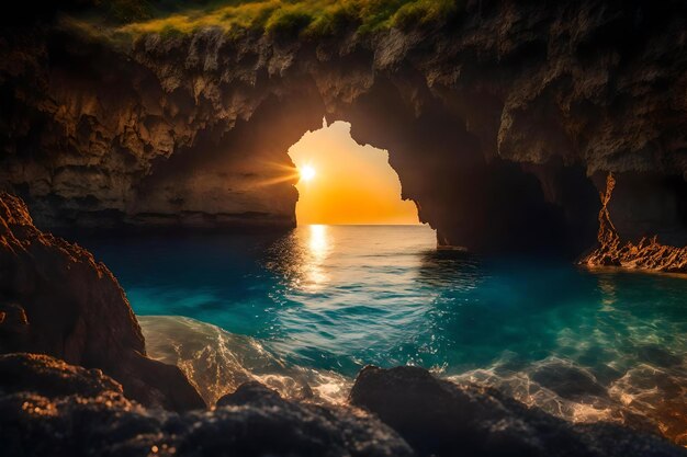 A cave with a hole in the wall and the sun shining through the water.