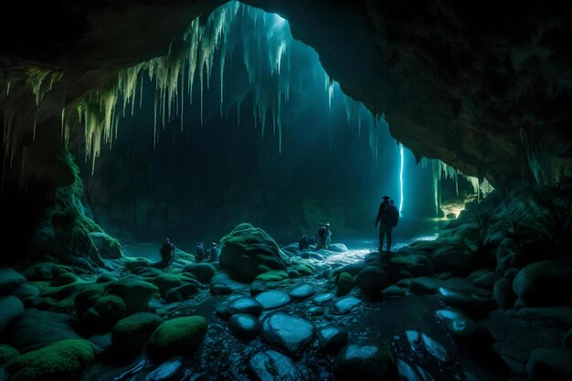 Foto una grotta con una grotta di ghiaccio sullo sfondo