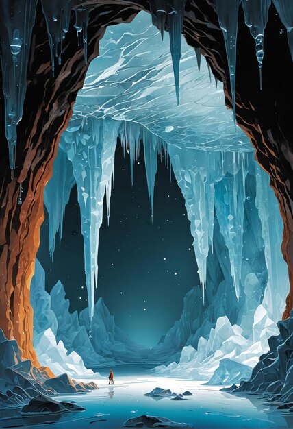 a cave with ice formations and a man standing in the middle