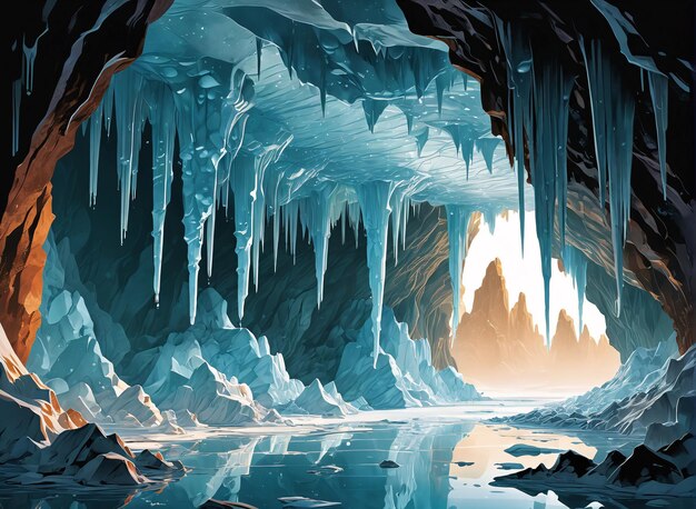 a cave with ice formations and water