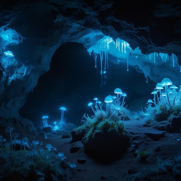 a cave with ice and jellyfish in it