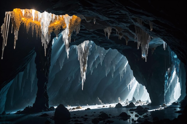 A cave with ice and a light inside