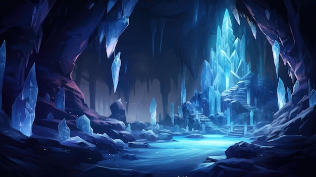 a cave with ice and a stream in it