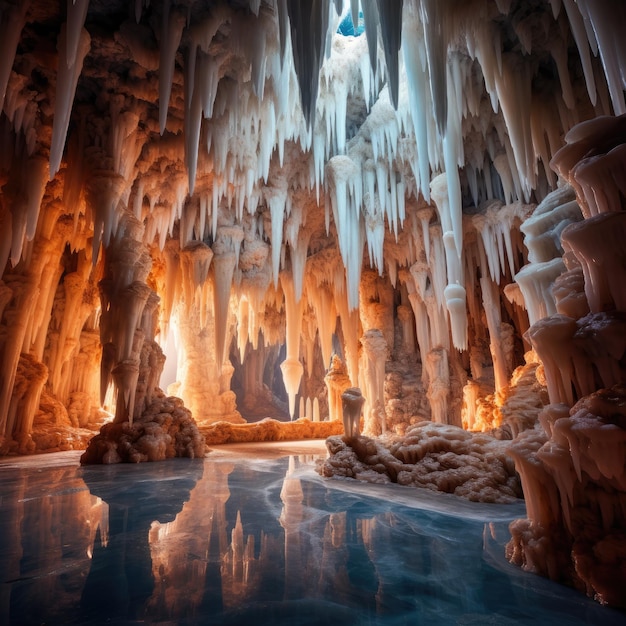 a cave with ice and water