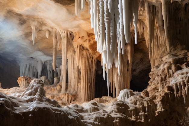 a cave with icicles hanging from the ceiling