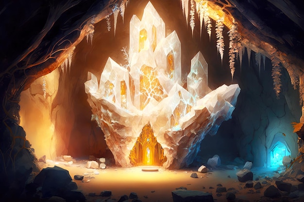 Cave with illuminated walls and treeshaped crystals