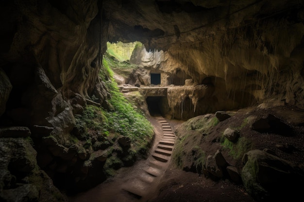 Cave with labyrinthine passages tunnels and hidden chambers created with generative ai