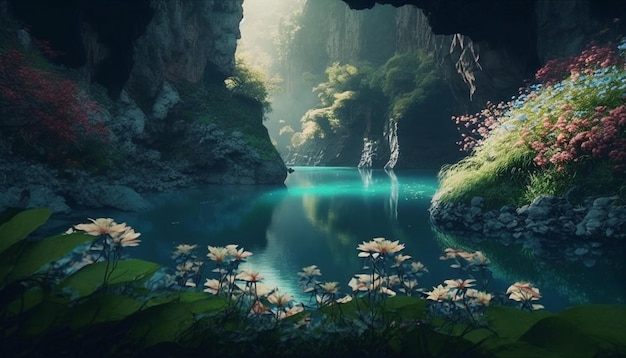 A cave with a lake and flowers