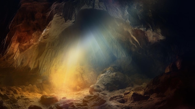 A cave with a light at the bottom