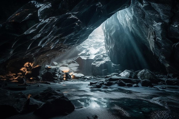 A cave with a light on the ceiling and the word ice on the bottom