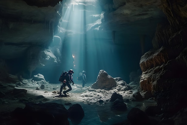 A cave with a light coming through the ceiling