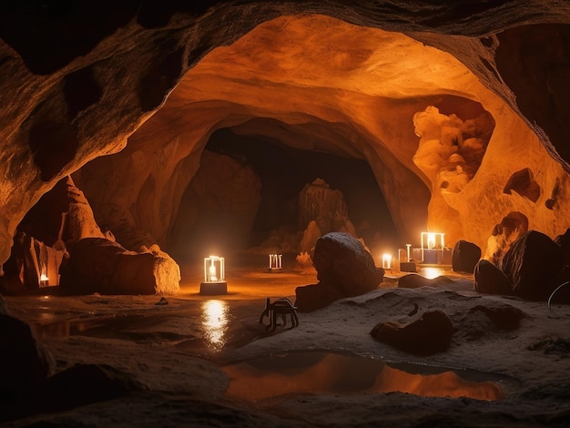 a cave with a light inside of it and a sign that says the name