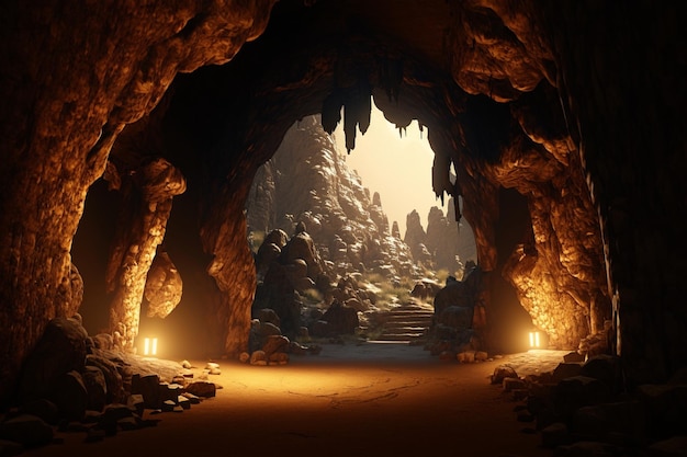 A cave with a light on it and a light on the wall