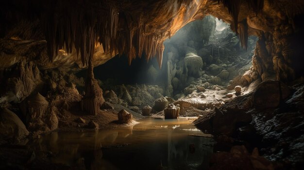 Photo a cave with a light on it and the water is visible.