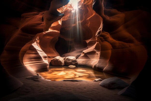 A cave with a light on it and the word canyon on the bottom