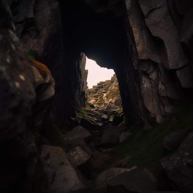 a cave with a light at the top of it