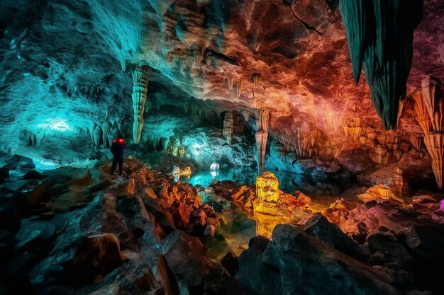 빨간 셔츠와 검은 모자를 쓴 남자가 있는 동굴이 동굴 안에 서 있다.