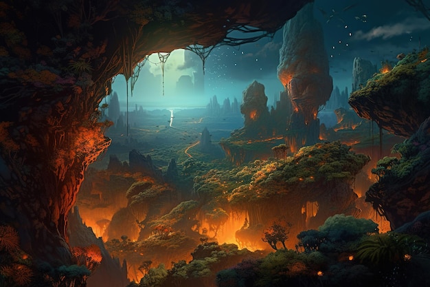 A cave with a mountain and a fire in it