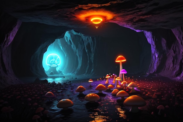 A cave with a mushroom shaped light on it