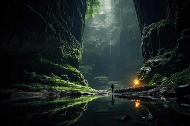 a cave with a person standing in the water and a reflection of a person in the water