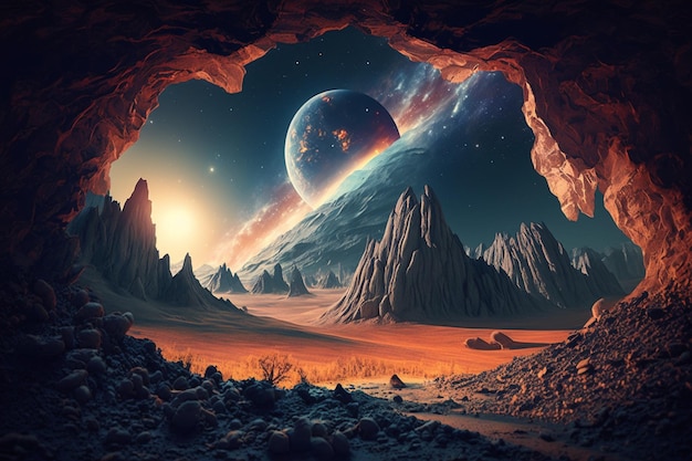 A cave with a planet in the background