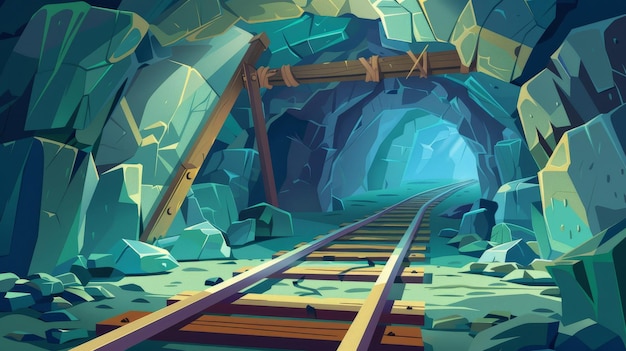Photo in a cave with a railway rocks and a stone shaft with wooden planks and arched beams abandoned coal or gold mining quarry on a cartoon background 2d modern illustration of a mine tunnel