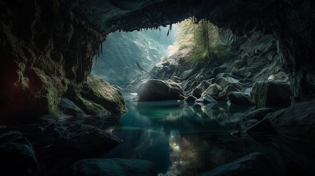 A cave with a river in the background