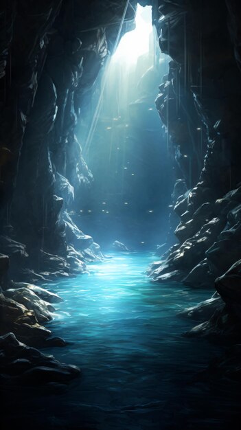a cave with a river and a sunbeam