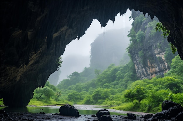 a cave with a river and trees in the background