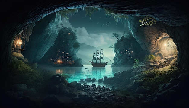 A cave with a ship in the water