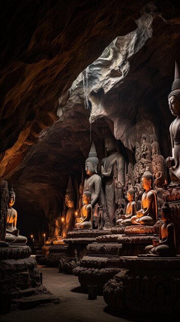 Photo a cave with statues inside of it and a statue in the middle