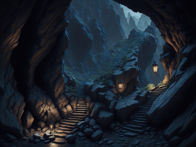 A cave with steps leading to the stairs