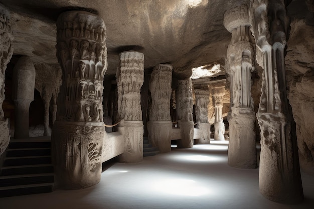 Cave with tall imposing columns and intricate formations created with generative ai