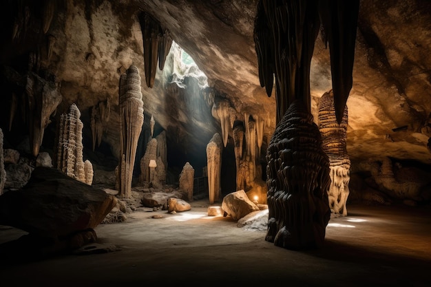 Cave with towering columns and natural formations of stone created with generative ai