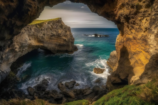 A cave with a view of the ocean and the ocean