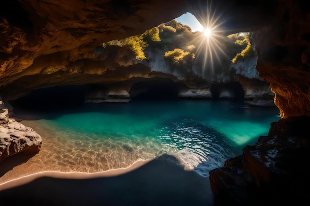 A cave with a view of the ocean