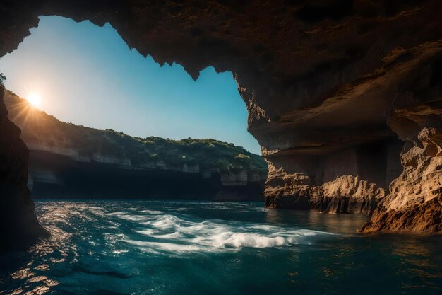 Photo a cave with a view of the ocean