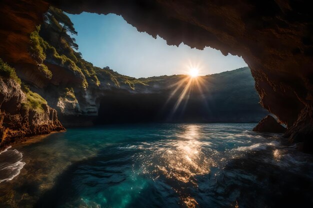 A cave with a view of the ocean