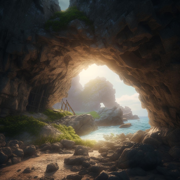 A cave with a view of the sea