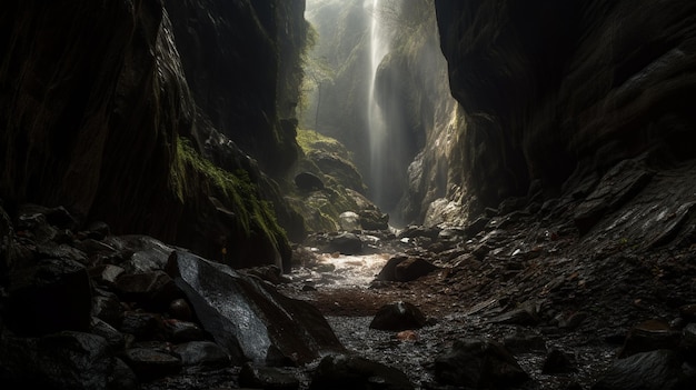 A cave with a waterfall in the background