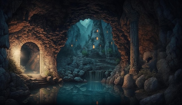 Пещера с водопадом и дверью, на которой написано «слово»
