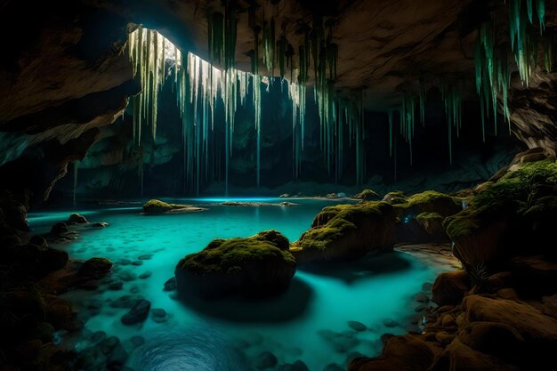 Photo a cave with a waterfall and ice cave