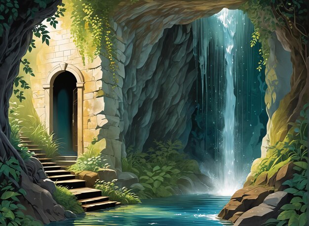 Photo a cave with a waterfall and a waterfall