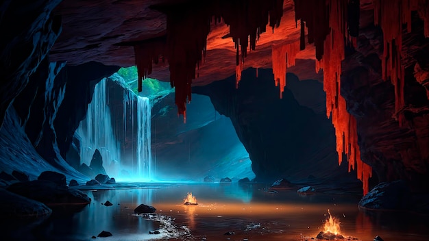 A cave with a waterfall and a waterfall